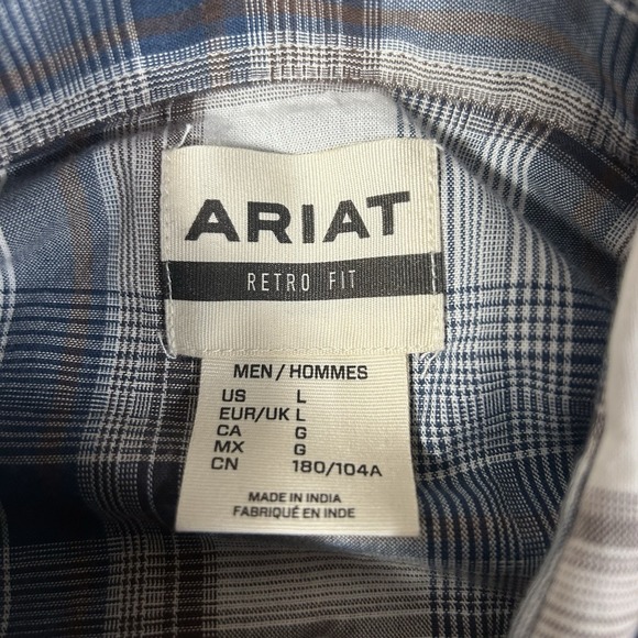 Ariat Retro Fit Shirt Mens Large Blue Brown Plaid Western Pearl Snap Rodeo - Picture 5 of 7